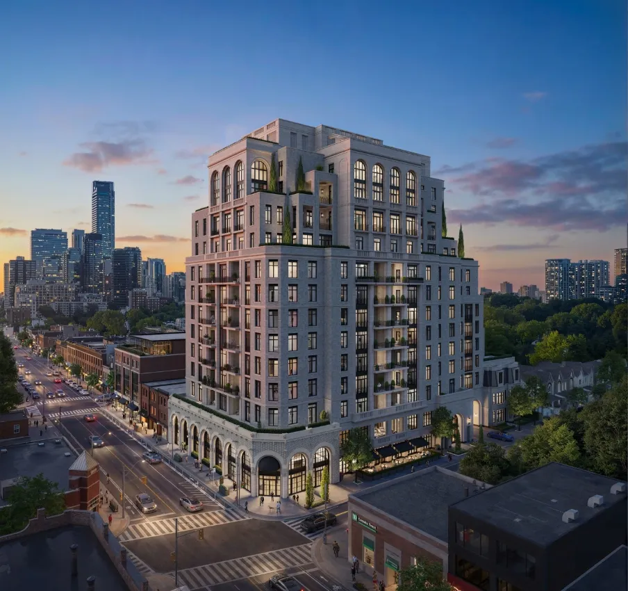 Rendering of 1 Marlborough at dusk from Yonge Street, with the restored arches at its base