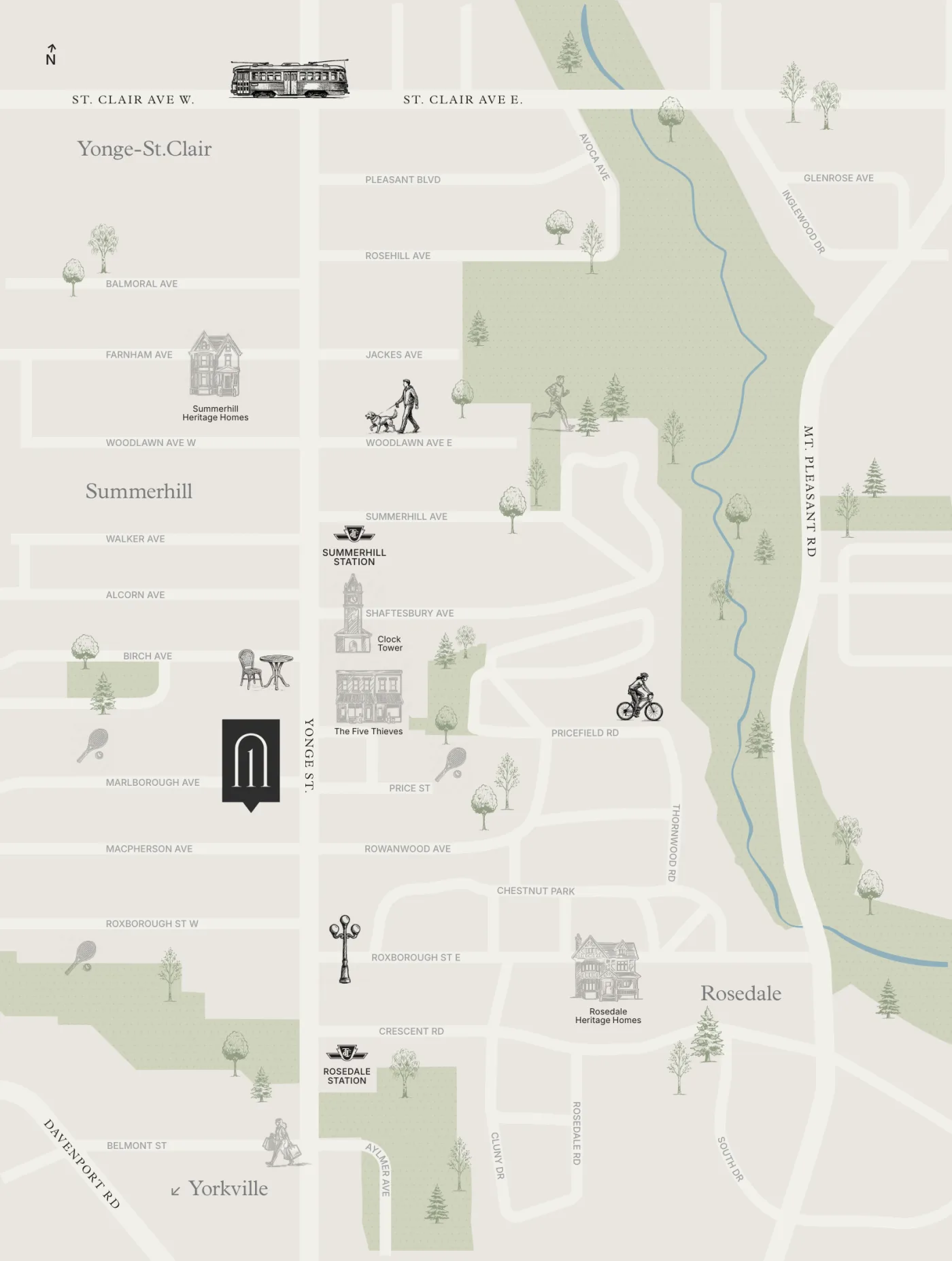 Illustrated neighbourhood map around Yonge Street between St. Clair and Rosedale, marking 1 Marlborough, Summerhill and Rosedale stations and nearby shops and parks