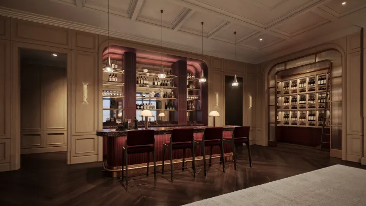 Wood-panelled bar with burgundy stools and a wine wall