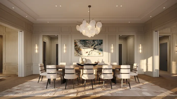 Private dining room with a long table under a chandelier