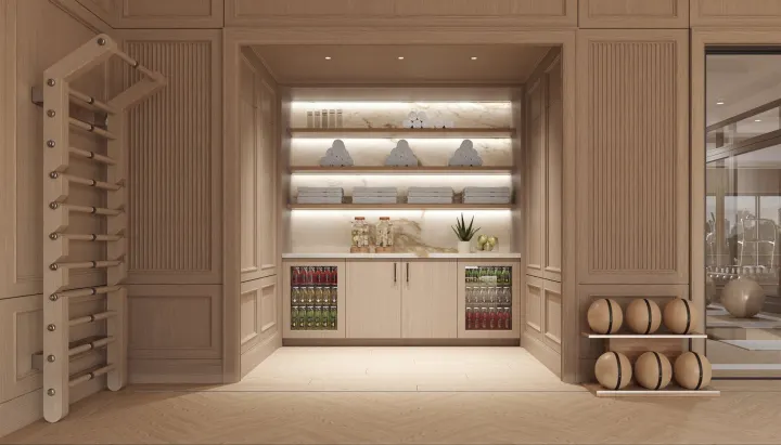 Juice bar with lit shelving and a wall ladder