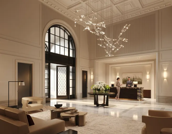 Lobby with an arched entrance, seating and reception desk