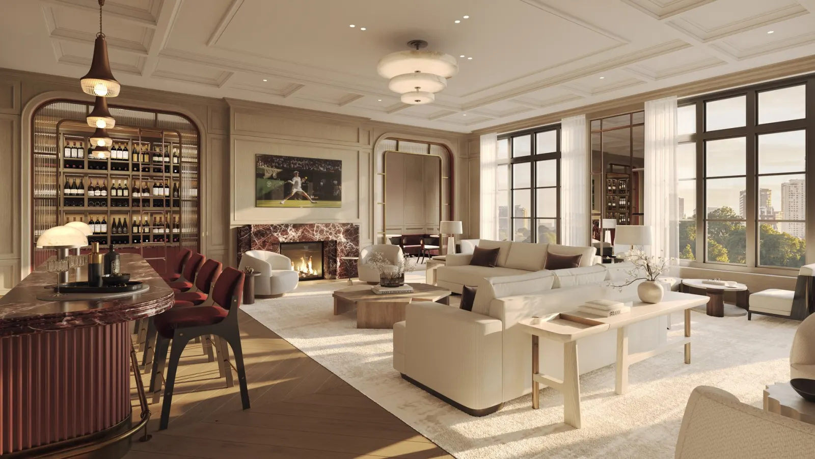 Residents' lounge with a bar, fireplace and park views