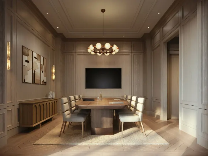 Panelled meeting room with a conference table