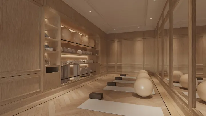 Yoga room with mats and built-in shelving