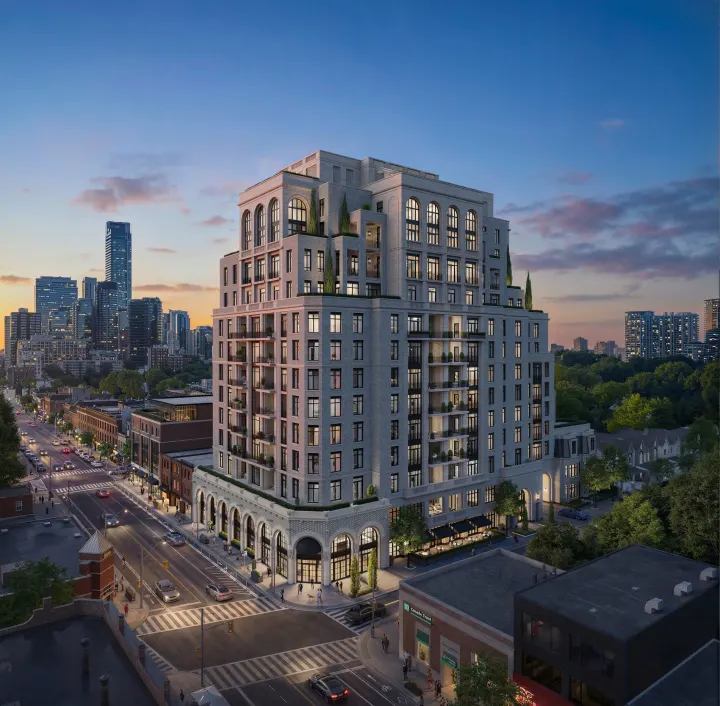 Aerial rendering of the building at dusk with downtown behind