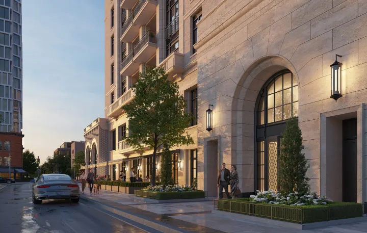 Arched windows at street level with a car passing