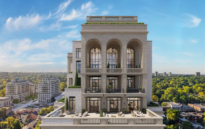 The arched penthouse crown with trees below