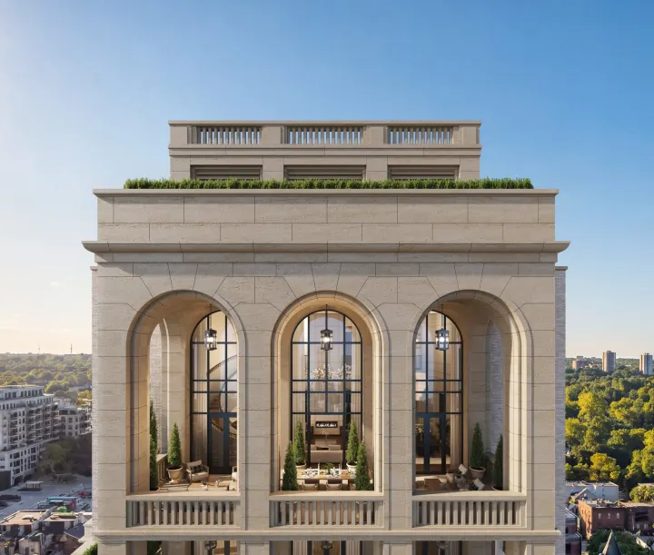 Close view of the arched penthouse facade