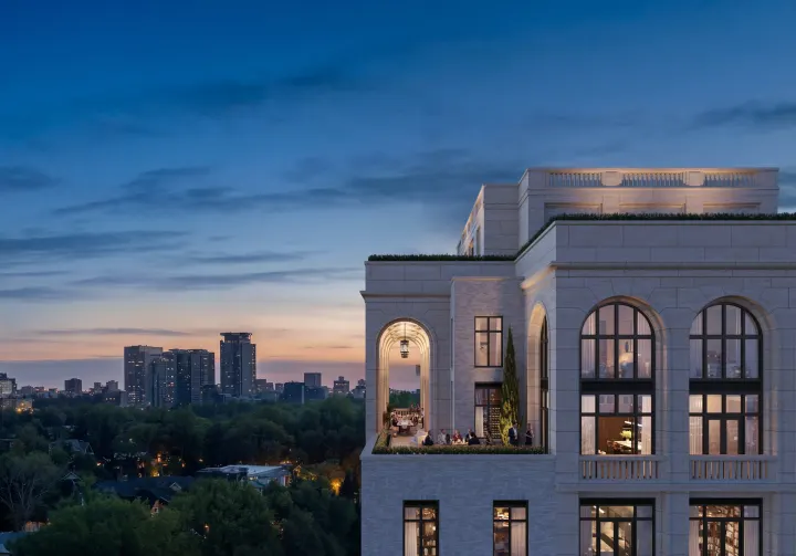 Penthouse terraces lit at dusk
