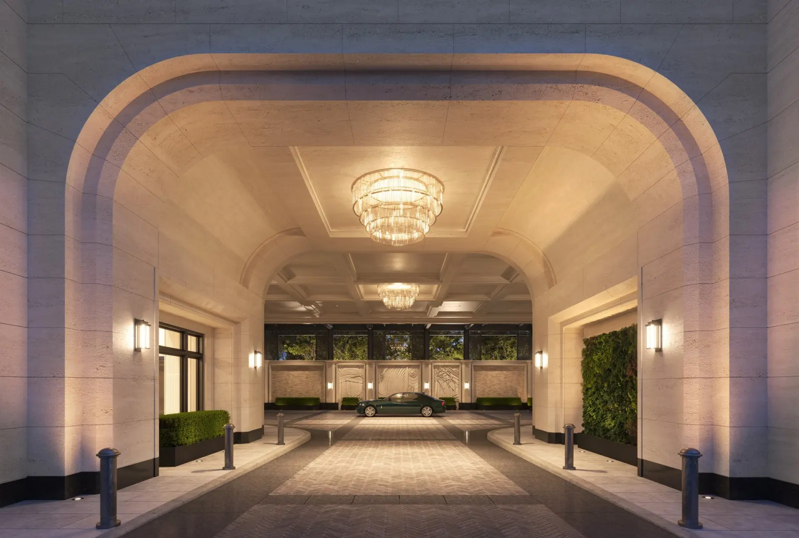 Covered porte-cochère with a car arriving at the lobby doors