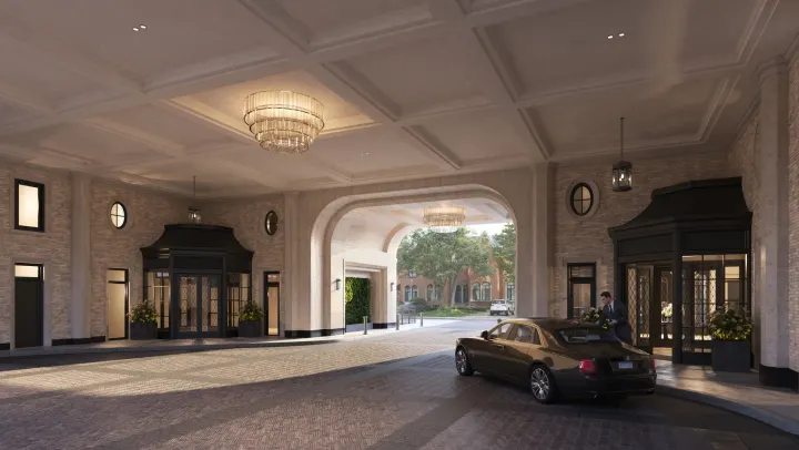 Covered porte-cochère with a chandelier