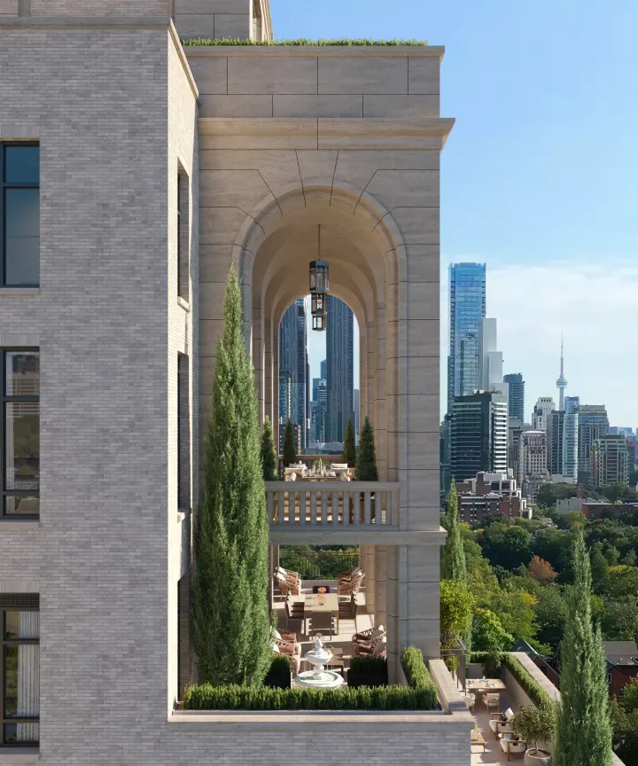 View to downtown framed by an arch
