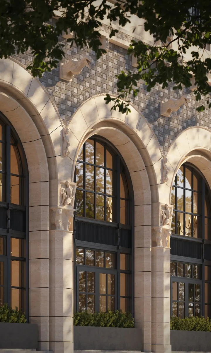 Tall arched windows lit from within