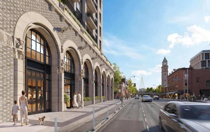 Street view along Yonge with the arched base and clock tower
