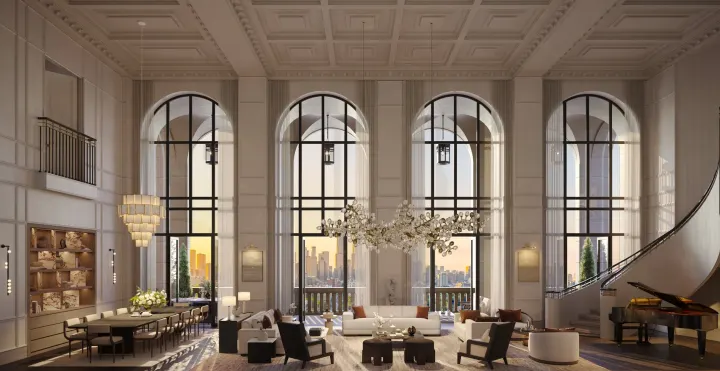 Double-height penthouse great room with four arched windows