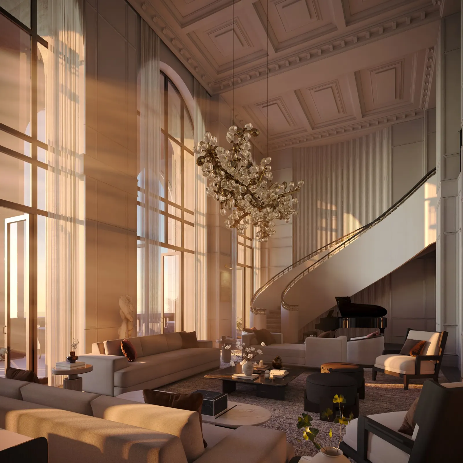 Penthouse great room with a curved staircase and arched windows