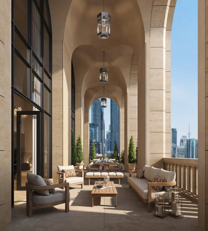 Arched penthouse loggia looking toward downtown