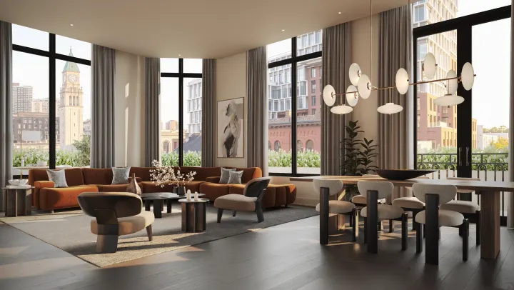 Dining room with corner windows and a long table