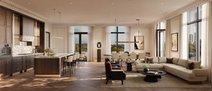Open living and dining room with tall windows