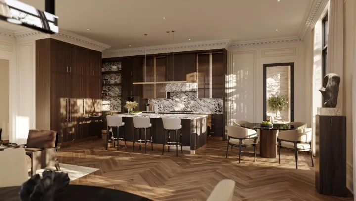 Kitchen with a marble island and white oak cabinetry