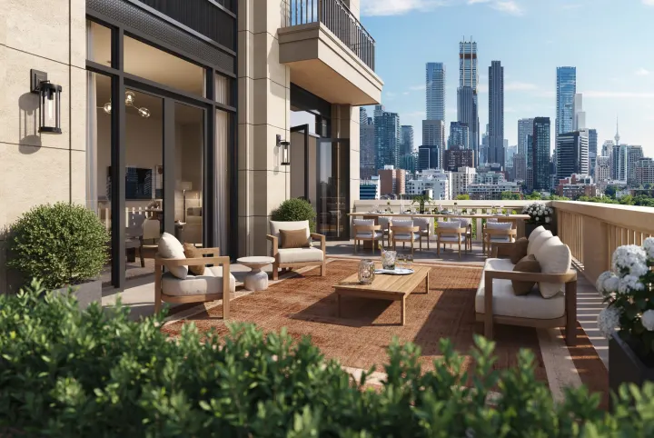 Private terrace with planters and a skyline view