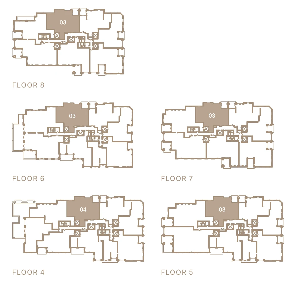 Key plans of floors 4 to 8 showing the suite's position