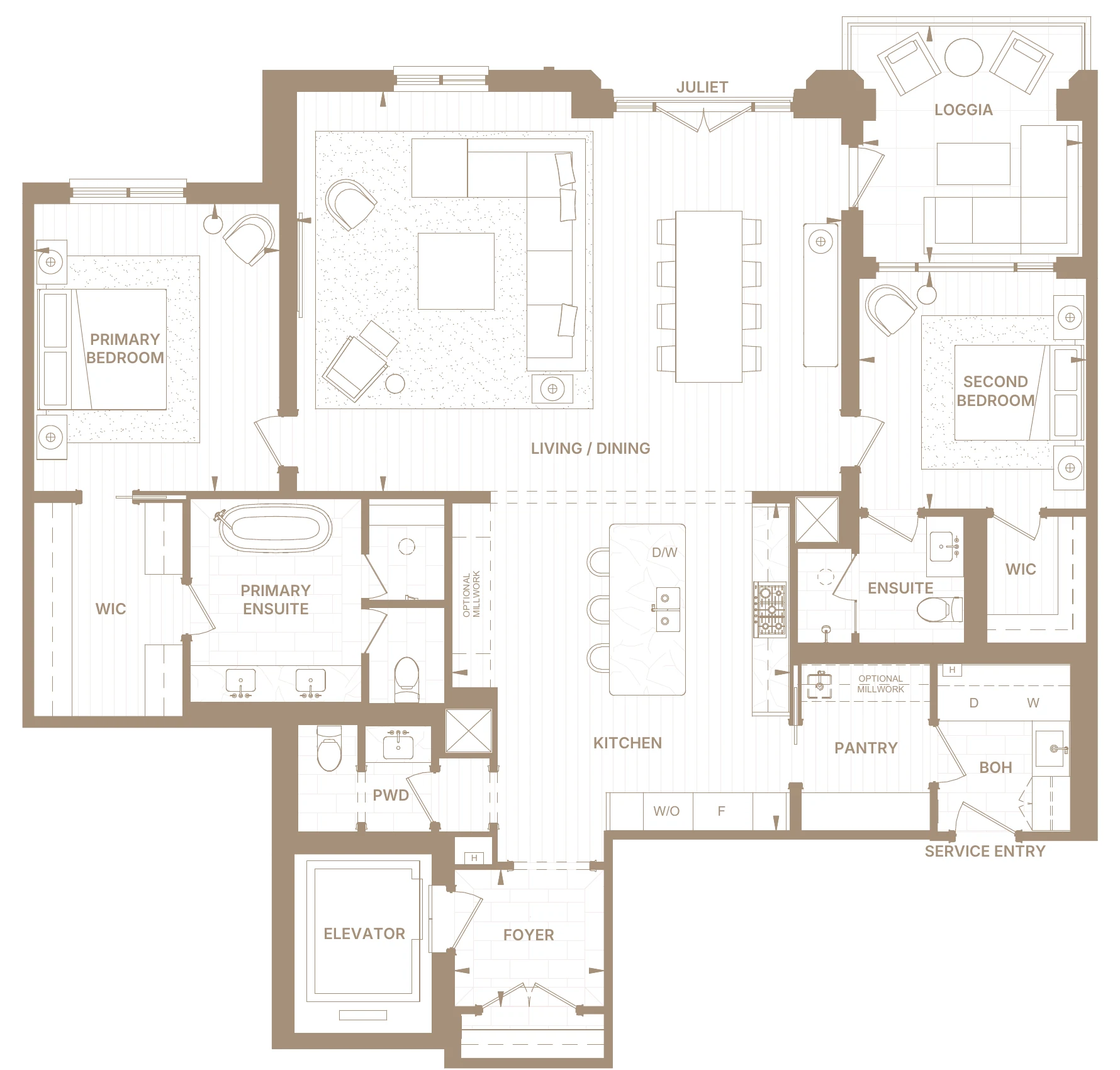Floor plan of Suite 2H-N: foyer and private elevator, open living and dining room with Juliet balcony, kitchen with island, pantry and service entry, primary bedroom with walk-in closet and ensuite, second bedroom with ensuite and walk-in closet, and a loggia