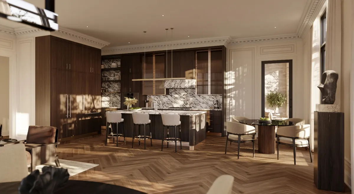 Kitchen with a marble island, white oak cabinetry and dining table